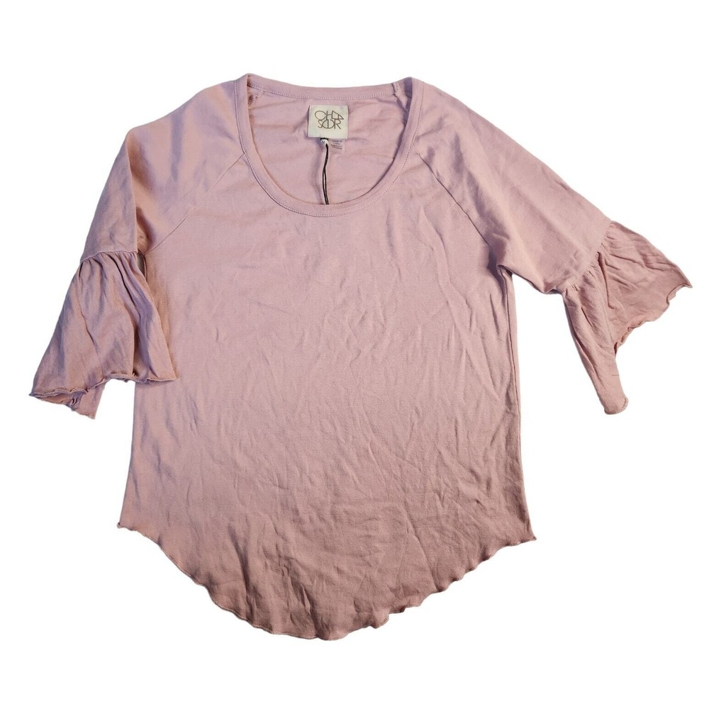 Chaser Bell 3/4‎ Sleeve Top Ruffle Cuff Dusty Pink Curved Casual Blouse Size M
